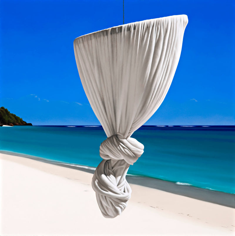 Ross Watson painting of knotted mosquito net suspended on white sand beach