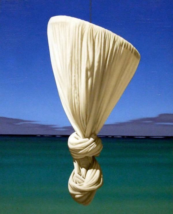 Ross Watson Painting of knotted mosquito net floating in front of ocean at dusk
