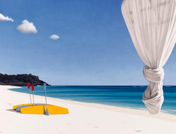 Ross Watson painting of white sand beach with three canoes with upright paddels and a knotted mosquito net