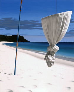 Ross Watson painting on knotted mosquito net suspended from pole on white sand beach