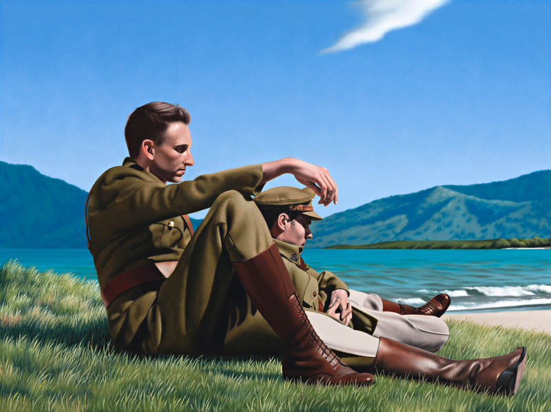 Ross Watson painting of two WW1 soldiers in full uniform with riding boots, sitting on grass with ocean in the background.  
