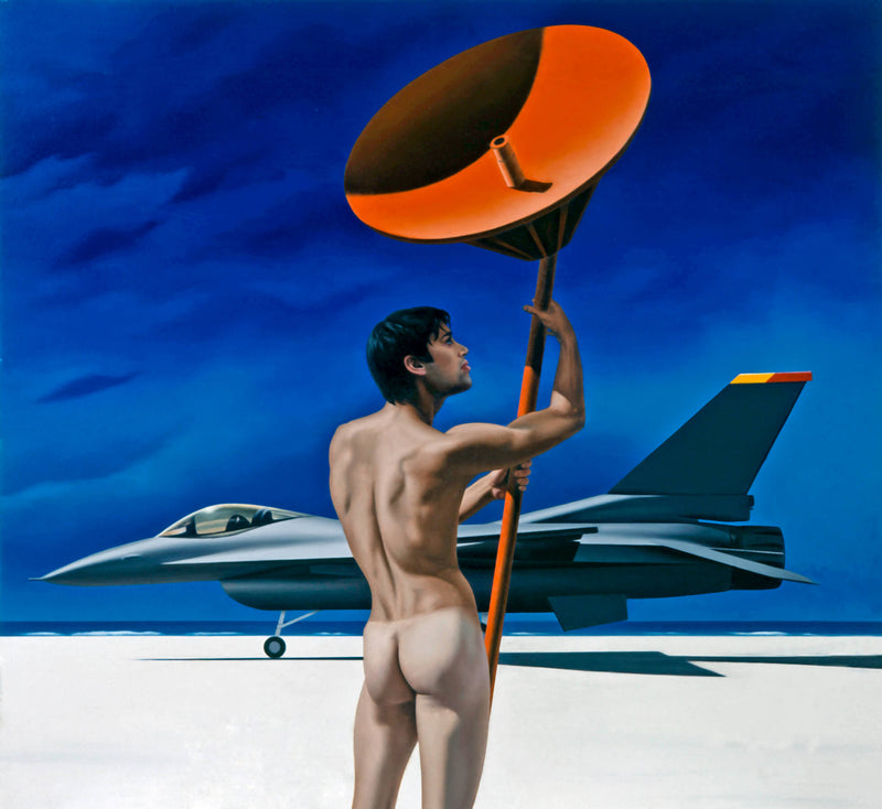 Surrealist painting of a naked man viewed from behind holding an orange radar dish on the beach with a fighter jet in the background