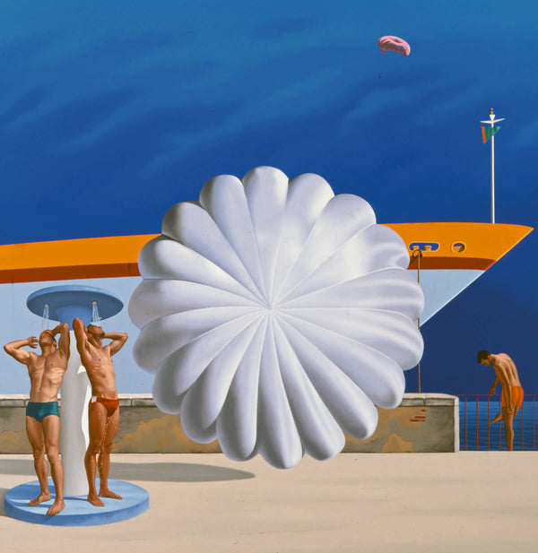 Surrealist painting of two men showering in front of ship and oversized parachute