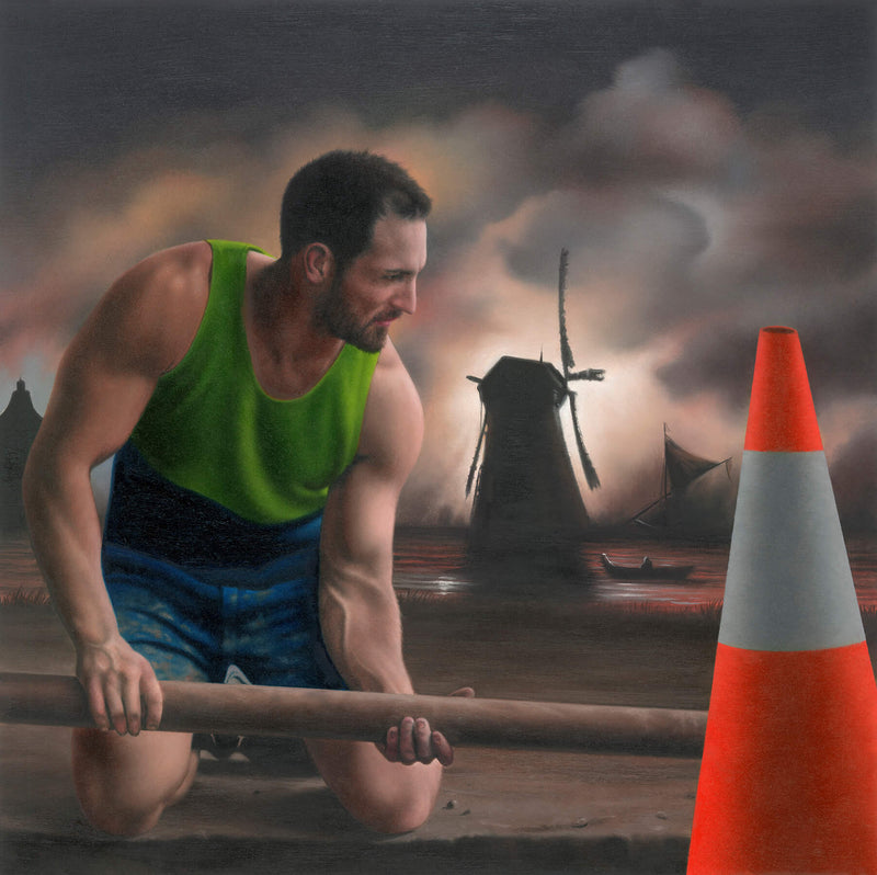 Ross Watson painting of plumber in hi-vis handling pole with a dutch windmill in the background and red and white traffic cone in the foreground