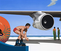 Surrealist painting of man in shorts on rollerblades before a jet enging on plane wing and vibrant orange nautilus shell