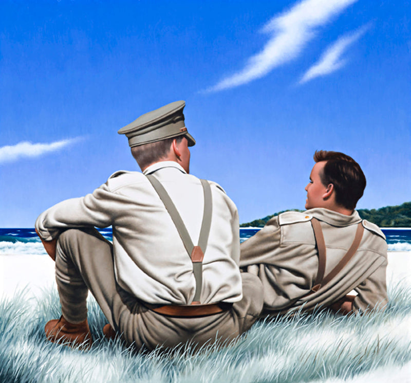 Ross Watson painting of two WW1 soliders sitting in sand dunes looking out to sea