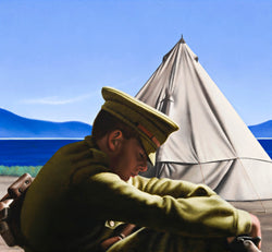 Ross Watson painting of WW1 soldier slumped over sleeping in front of canvas tent