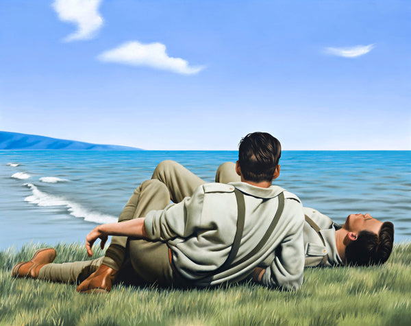 Ross Watson painting of two WW1 soliders laying on headland looking out to sea