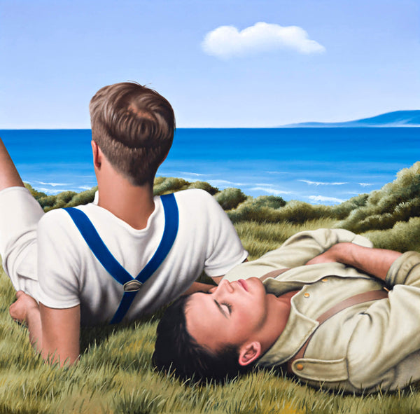 Ross Watson painting of two WW1 soliders laying on headland looking out to sea