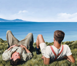 Ross Watson painting of two WW1 soldiers laying on ocean headland looking out to sea