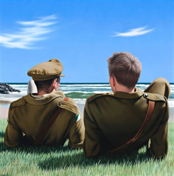 Ross Watson painting of two soldiers view from behind laying on grass next to beach