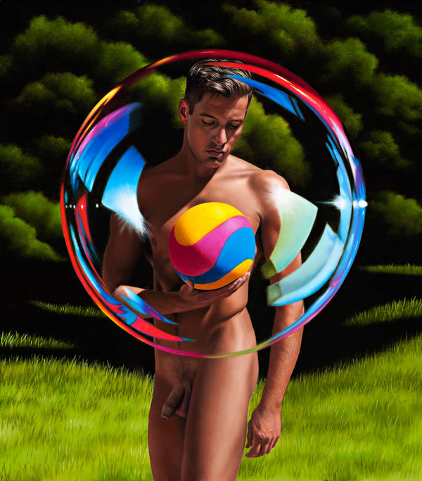 Ross Watson painting of a naked man encased in giant bubble holding a yellow pink and blue soccer ball in a treed setting