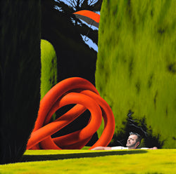 Surrealist painting of giant red rope knot set in lush confer garden with a man's face looking up and a partially obscured red umbrella in the sky