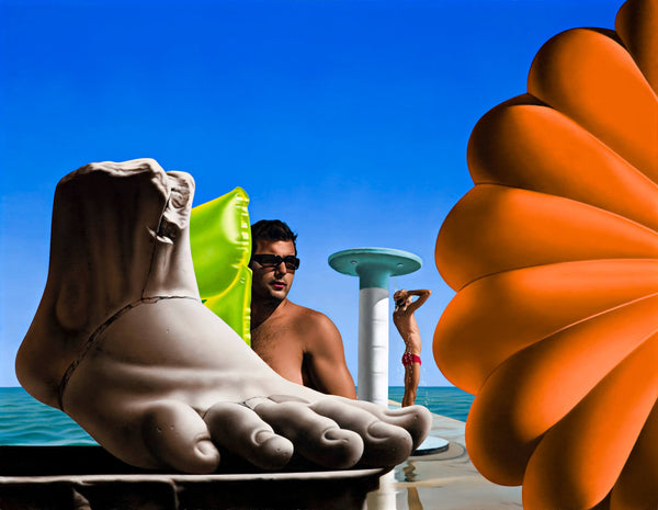 Surrealist Ross Watson painting of a sculpture of a giant marble foot with a shirtless man wearing sunglasses holding a lime green lilo with an oversized orange parachute and a man showering under an art deco beach shower in the distance