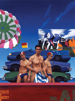 Surrealist painting of three men in the foreground, the middle one naked holding a towel, flanked either side by surf lifesavers, with a background of crushed cars and open parachute and milka chocolate billboard featuring a purple and white elephant