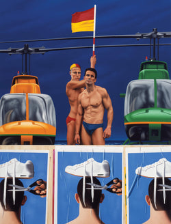 Surrealist painting of two central lifesavers holding a yellow and red flag, flanked by an orange helicopter on the left and a green helicopter on the right. Below is pasted signs repeated three times of a pair of sissors cutting the shoe laces of white sneakers that sit upon the head of a man viewed from behind