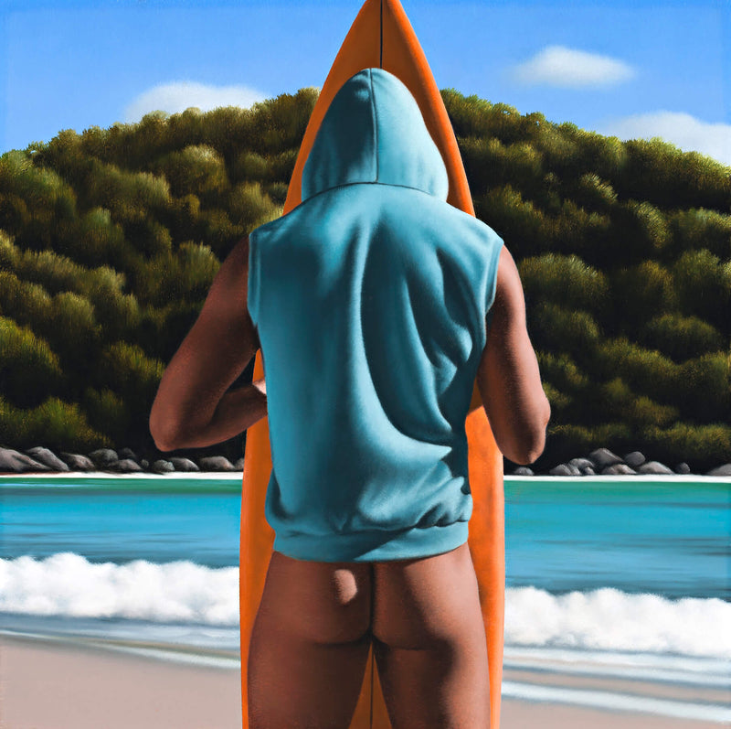 Ross Watson painting of naked surfer holding vertical orange baord wearing a short sleeved hoody at beach