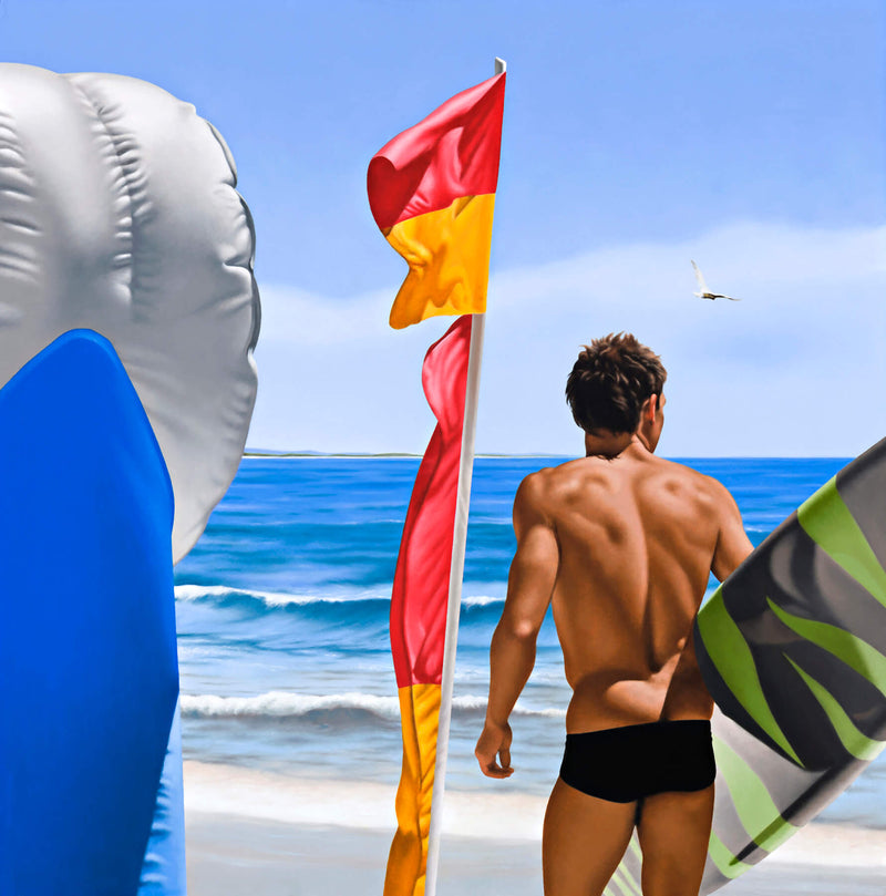 Ross Watson painting of surfer holding board on beach with red and yellow flag and inflatable bouy