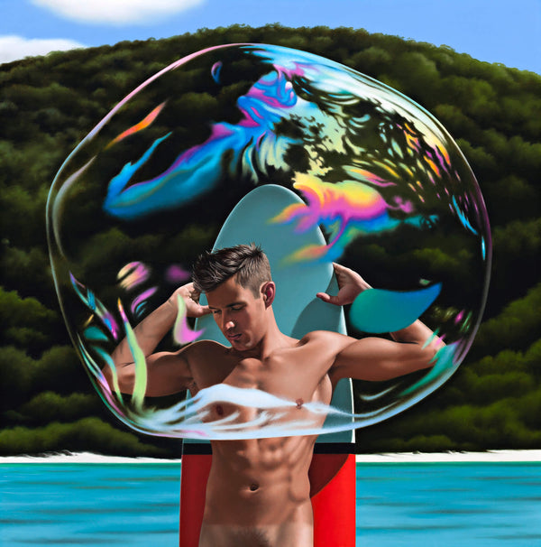 Ross Watson painting of an oversized bubble covering a naked man in front of his blue and red surfboard in a beach setting with water and a treed hill in the background