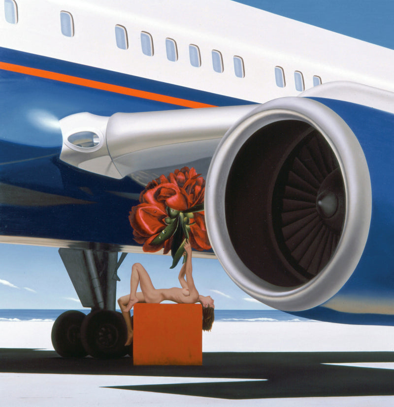 Surrealist painting of woman lying on orange box holding an oversized carnation in front of a 747 aeroplane
