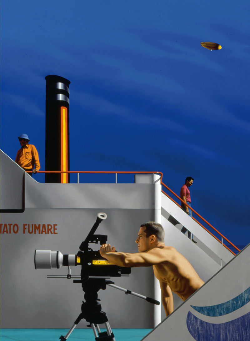 Painting of man using movie camera on ships deck