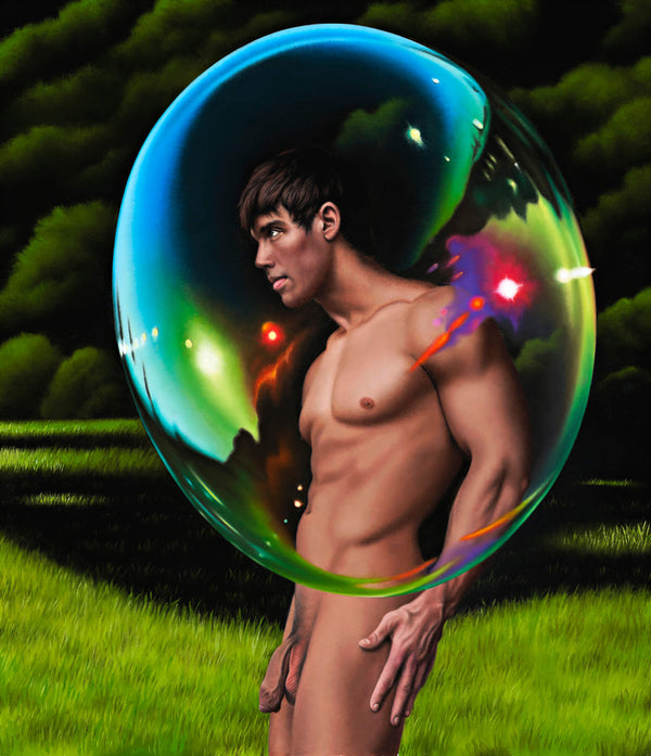 Ross Watson painting of naked porn star Kris Evans in profile with giant bubble over his upper body and treed background