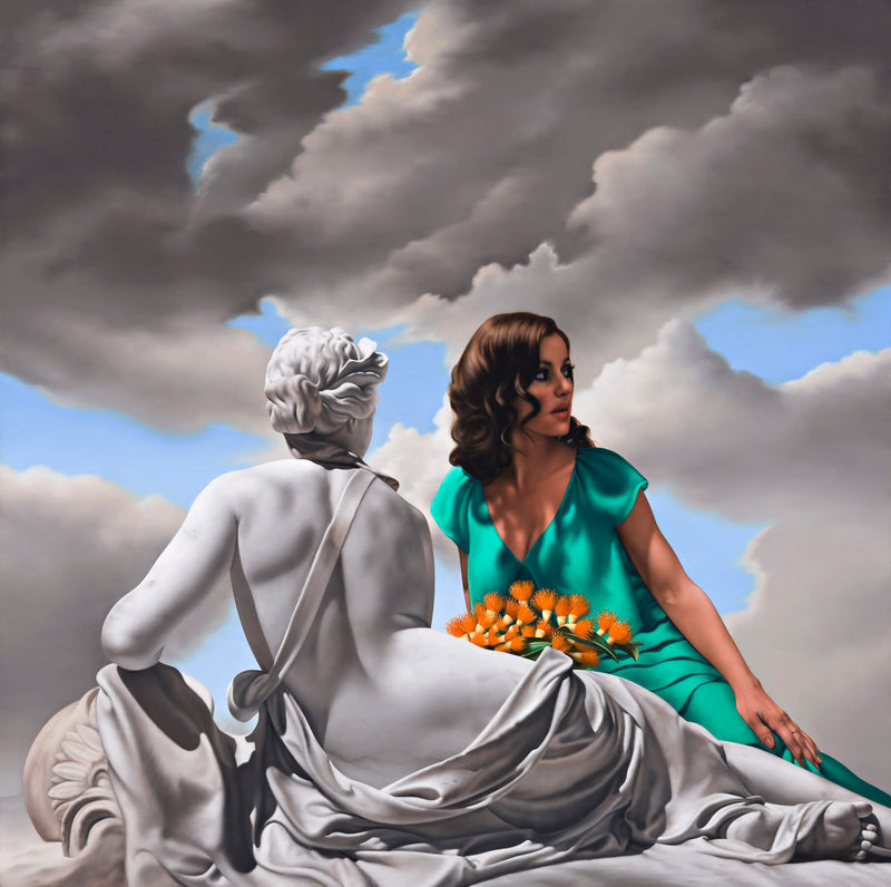 Portait of singer Tina Arena reclining in green dress with orange waratah flowers in her lap behind an ancient marble sculpture of a reclining woman with a stormy sky 