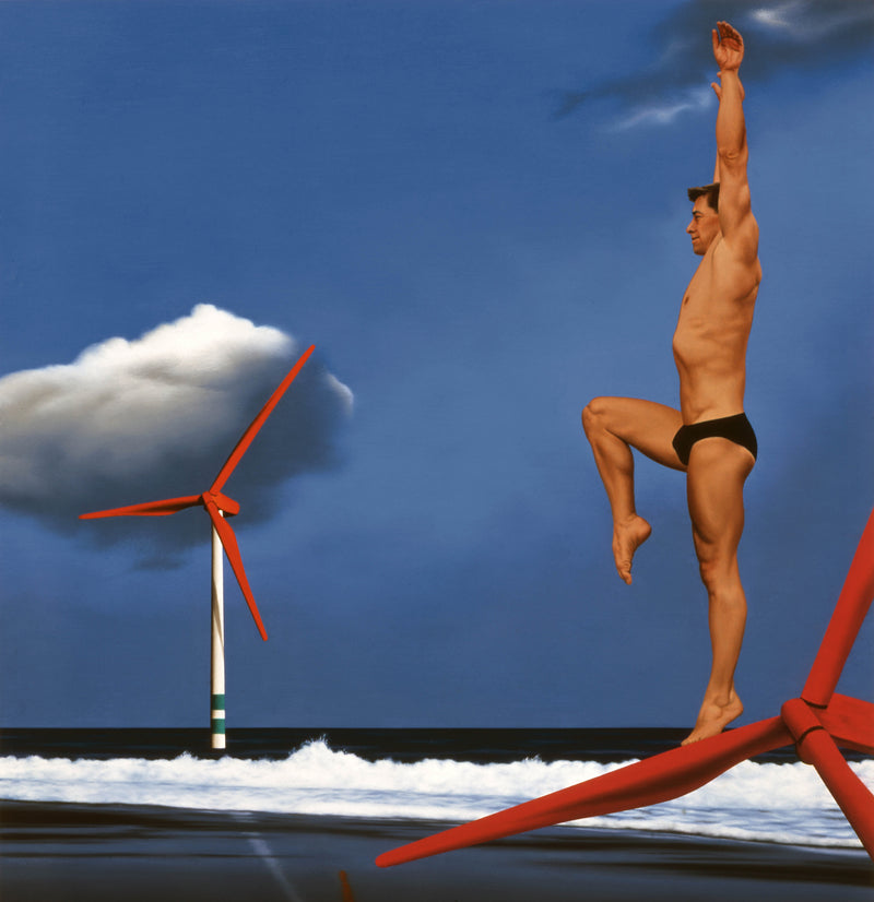 Surrealist painting of diver on wind turbine 