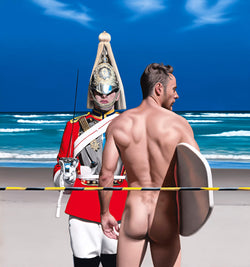 Ross Watson painting of Queens Guard in ceremonial uniform standing on beach behind naked surfer carrying surfboard under arm