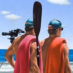 Ross Watson painting of twin life guards wearing caps and carrying towels at the beach with video camera in background