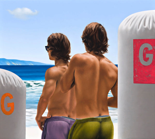 Ross Watson painting of twin surfers wearing green and purple shorts on beach between two inflatable bouys