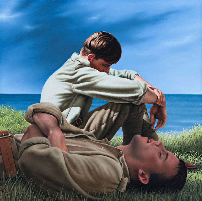Ross Watson painting of two WW1 soldiers one laying asleep the other sleeping in sitting position