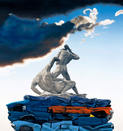 Surrealist Ross Watson painting of ancient roman sculpture of naked men on top of crushed cars with stormy sky