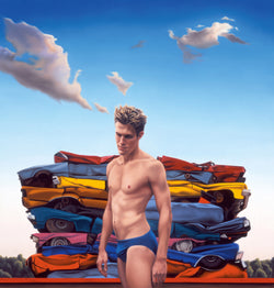 Surrelist painting of speedo clad man in front of pile of crushed cars