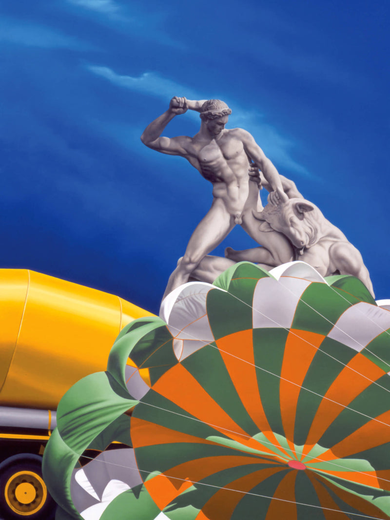 Surrealist Ross Watson painting of marble statue of man clubbing demon on top of orange white and green open parachute with concrete mixer to the left and twilight sky