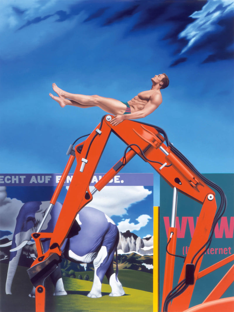 Surrealist painting of man balancing on digger arm in front of german billboards advertising milka chocolate