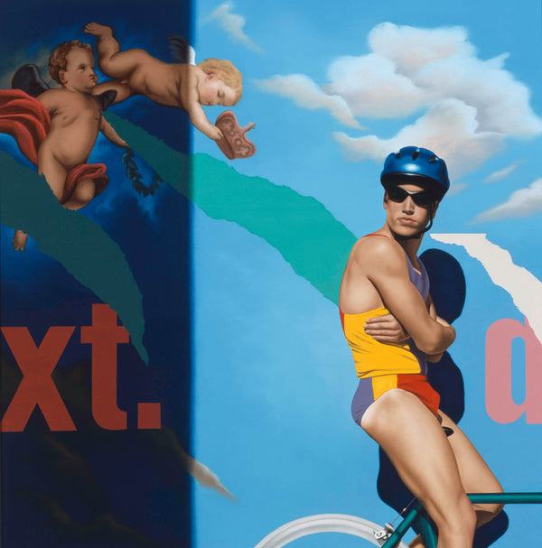 Ross Watson Painting of man in lycra swimwear wearing blue helmet on bicycle in front of billboard featuring two putti 