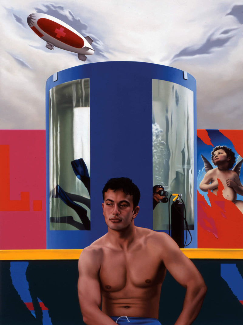 Surrealist Ross Watson painting of shirtless man sitting in front of circular diving tank with scuba man with a blimp with a red cross in the sky