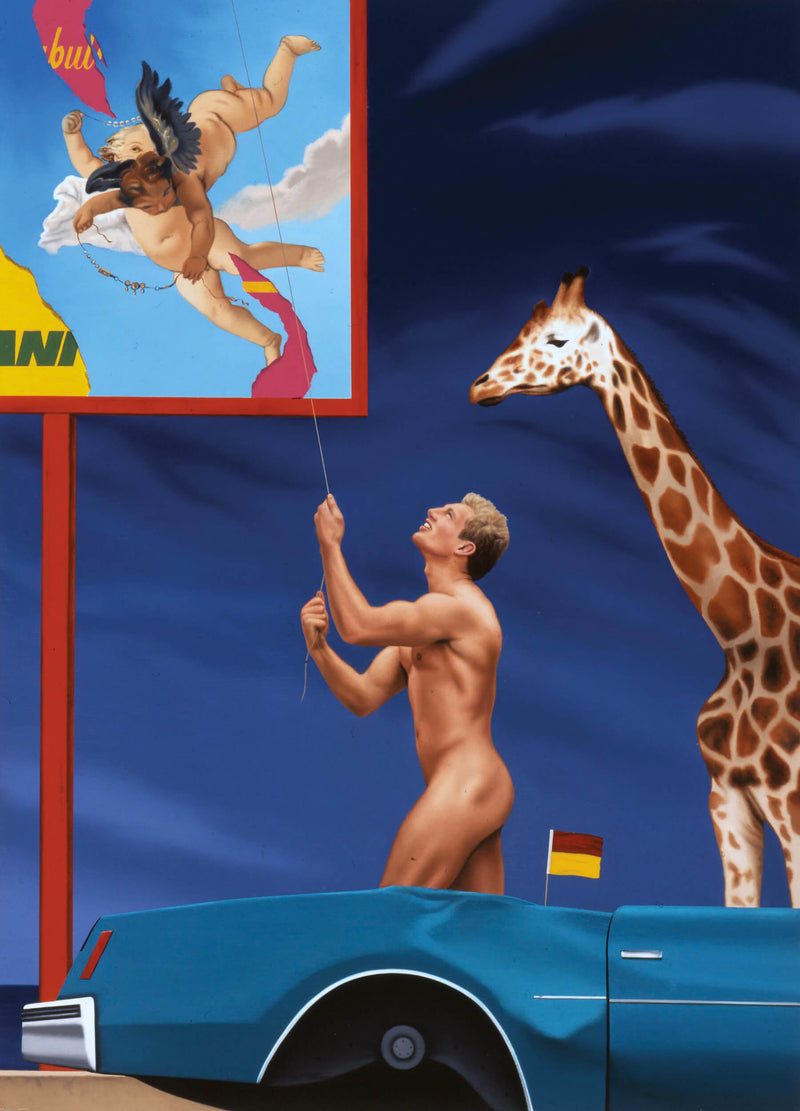 Surrealist Ross Watson painting of naked man flying kite with the rear of a crushed car in the foreground and giraffe in the back ground with a raised billboard featuring two putti also in the background is a yellow and red flag