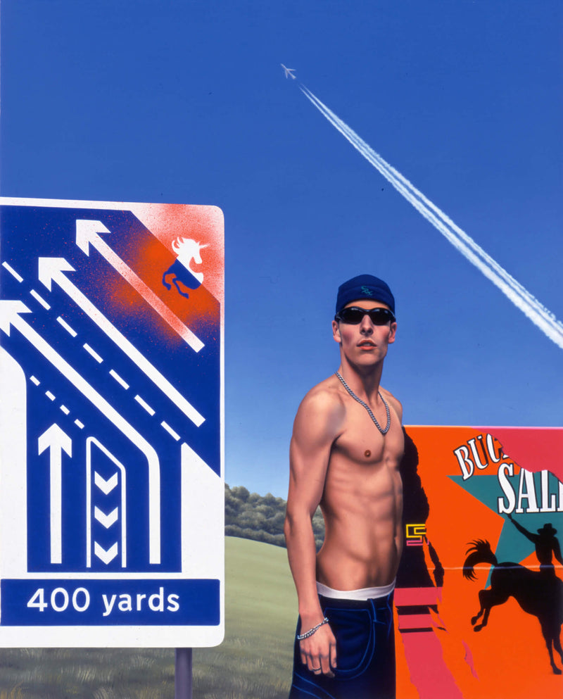 Painting of a shirtless young man wearing a backward baseball cap and sunglasses in front of a billboard to the side of an english highway road sign with and aeroplane and it's jet stream in the sky 