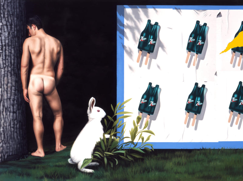 Surrealist painting of naked man viewed from behind next to a tree trunk with a white rabbit eating grass in the foreground and a billboard featuring 6 double 7-Up icecreams in two rows of three