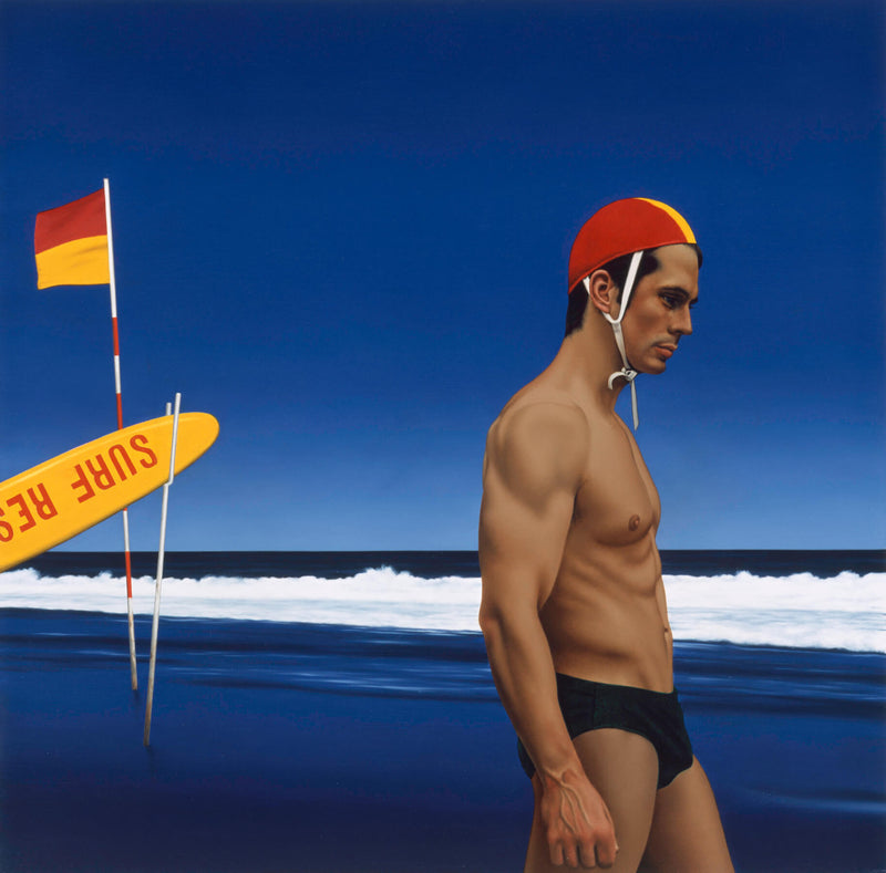 Painting of a man in speedos side on wearing a life savers cap on beach at dusk with a yellow and red flag to the left with a surf rescue buoy leaning on it.
