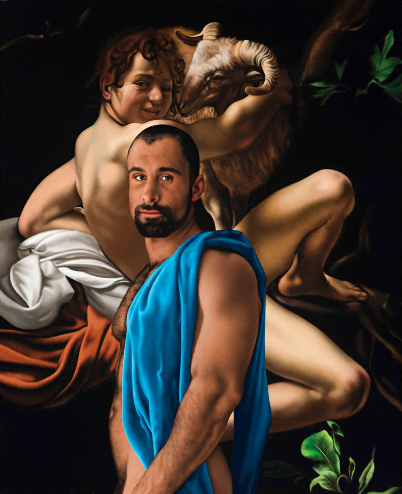 Ross Watson painting of standing bearded naked porn star Alex Baresi incoporated into Caravaggio painting of youth with a ram