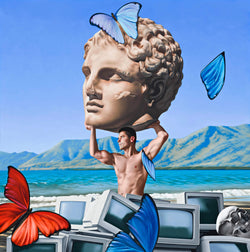 Surrealist painting of a shirtless man holding giant marble sculpture head at beach with a pile of old computer screens and a skull.  Floating in the sky is orange and blue butterflies