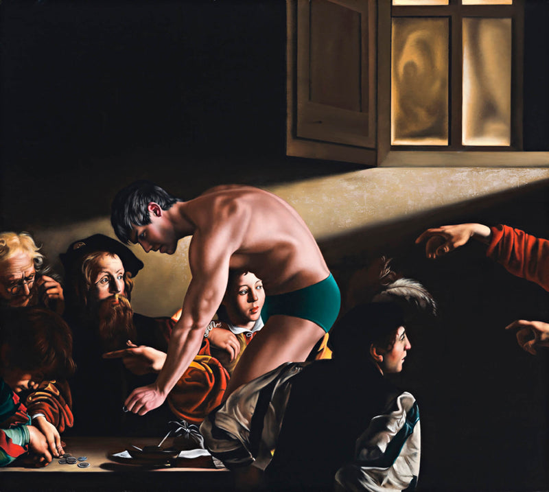 Portrait of porn star Kris Evans in green trunks incorporated into Caravaggio painting featurning men counting money in a dimly lit room 