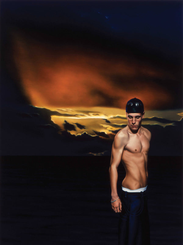 Ross Watson painting of fit topless man wearing hat with dramatic dawn sky background