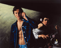 Ross Watson painting of man in open denim jacket on phone with Caravaggio's painting of boy bitten by lizard in background