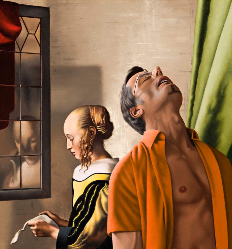 Ross Watson painting of man in open orange shirt looking up in front of Vermeer's painting of lady reading letter