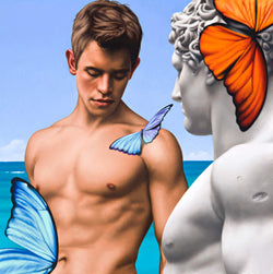 Surrealist painting of naked mans torso and ancient marble statue with orange and blue butterflies