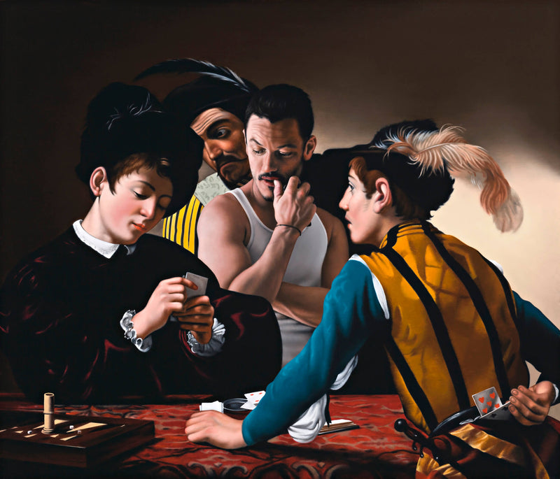 Portrait of actor Luke Evans incorporated into Caravaggio painting of the card sharps featuring men cheating at cards to the left a black clad young man to the right a man in a yellow tunic holding cards behind his back and in the back ground a rogue man looking over the players shoulder